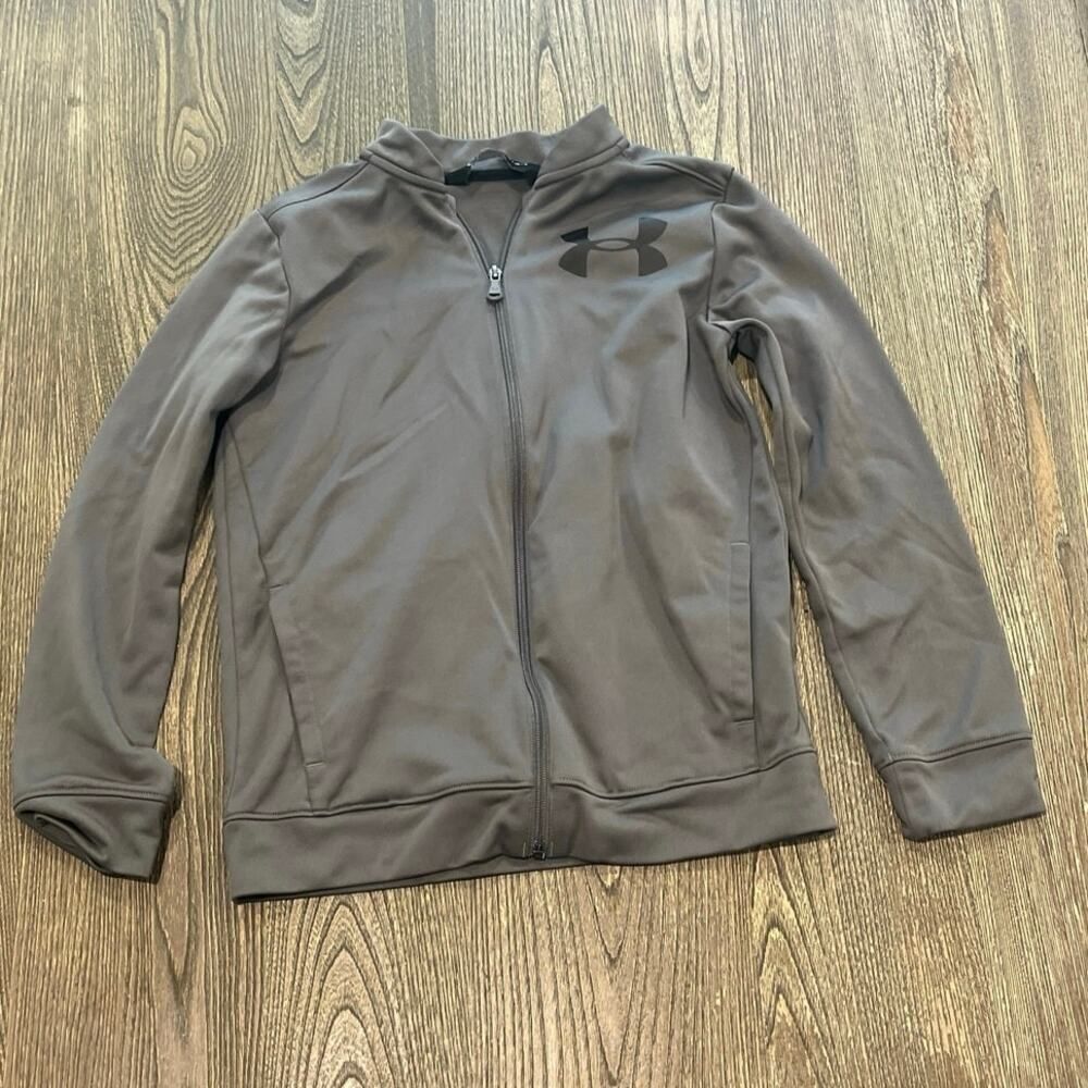 Under Armour Youth Boys Athletic Jacket  Full-Zip Logo Print Pockets Gray Sz YLG